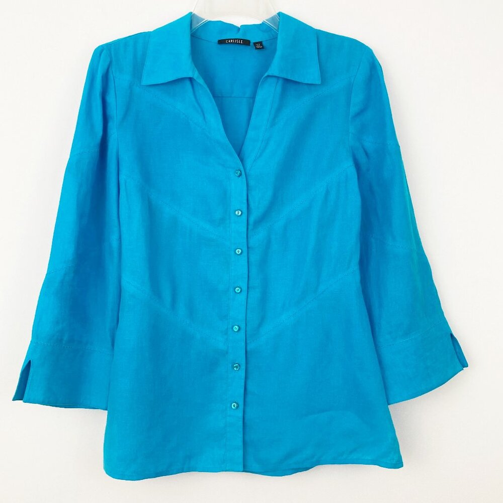 Carlisle 100% Linen Button Up Shirt Size 4 Turquoise 3/4 Sleeve Collar